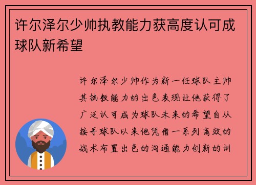 许尔泽尔少帅执教能力获高度认可成球队新希望 许尔泽尔少帅执教能力获高度认可成球队新希望