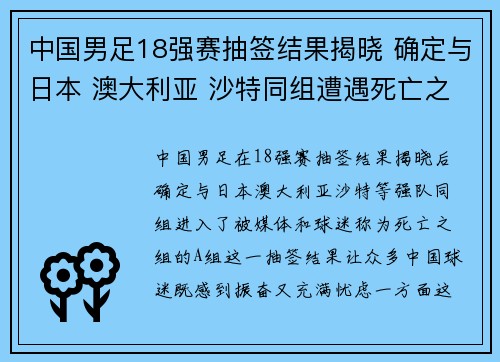 中国男足18强赛抽签结果揭晓 确定与日本 澳大利亚 沙特同组遭遇死亡之组 中国男足18强赛抽签结果揭晓 确定与日本 澳大利亚 沙特同组遭遇死亡之组